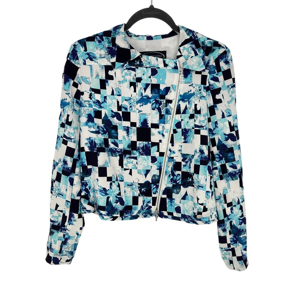 Magaschoni Silk Moto Jacket Blue White Geometric‎ Print Edgy Designer Coat 2 EUC